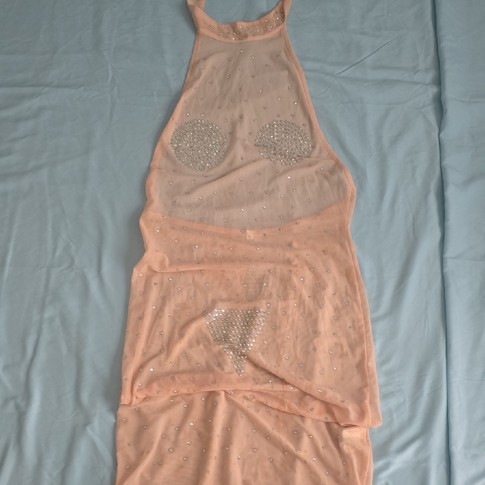 Elegant Peach Sheer Halter Dress